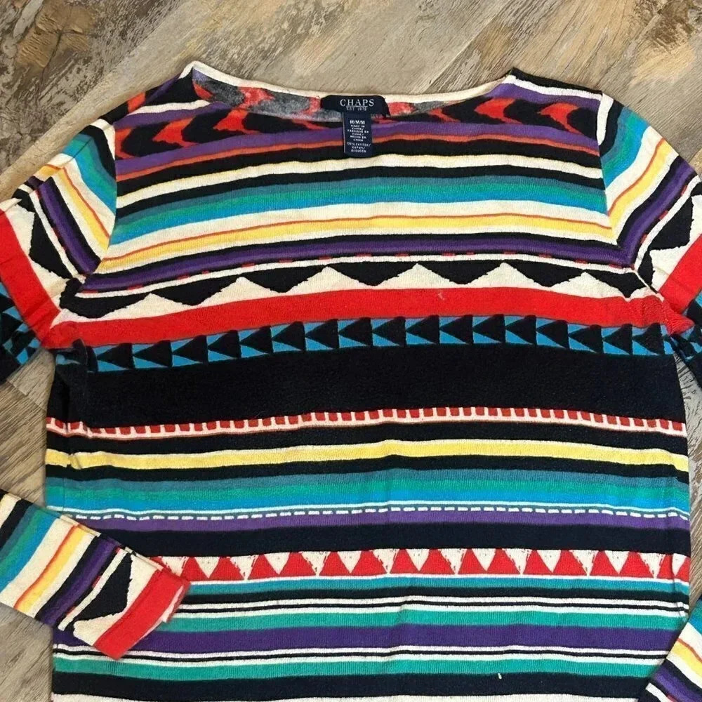 Chaps Colorful Cozy Striped Casual 100% Cotton Sweater - Picture 6 of 7